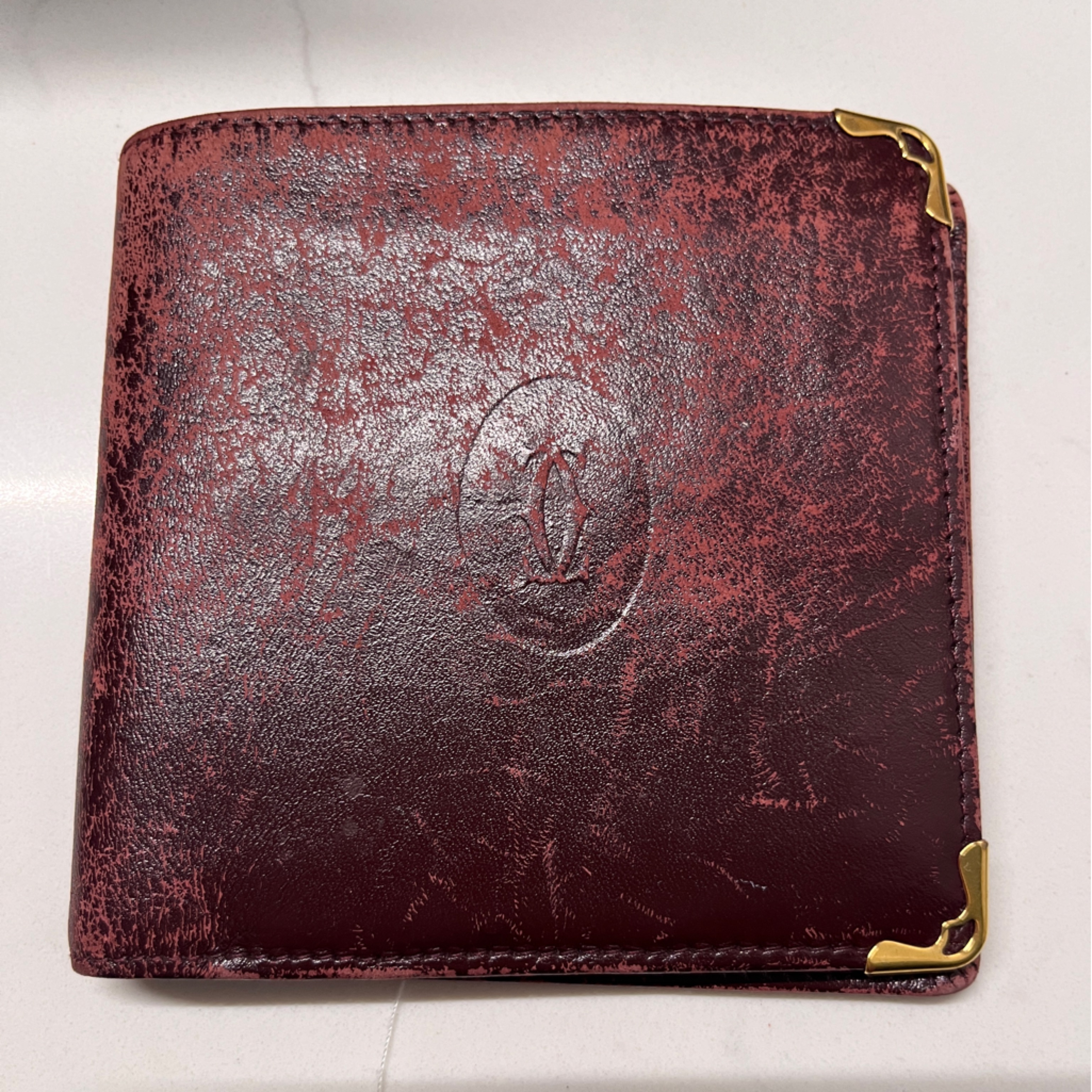 Cartier Maroon Leather Card Holder With Gold Accents